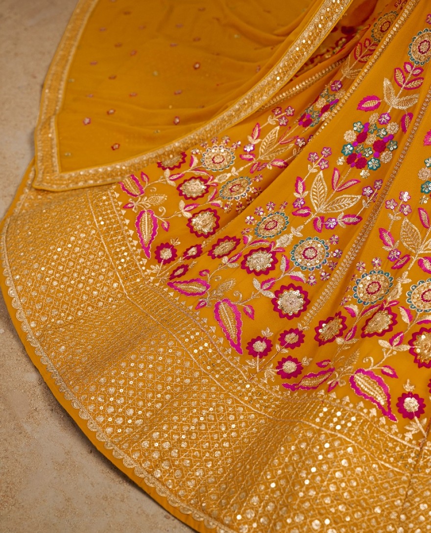 6008- YELLOW - Stunning yellow Thread Work Georgette Engagement Wear Lehenga With Blouse